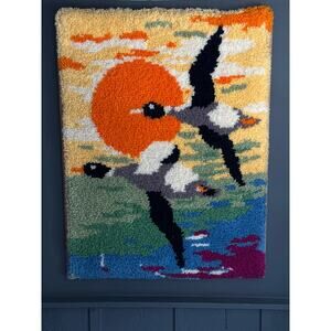 Vintage 70s Mid Century MOD Latch Hook Rug Wall Hanging Canadian Geese Sunset